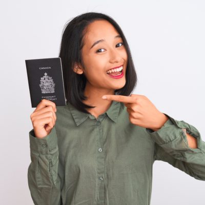 Beautiful,Chinese,Woman,Holding,Canada,Canadian,Passport,Over,Isolated,White